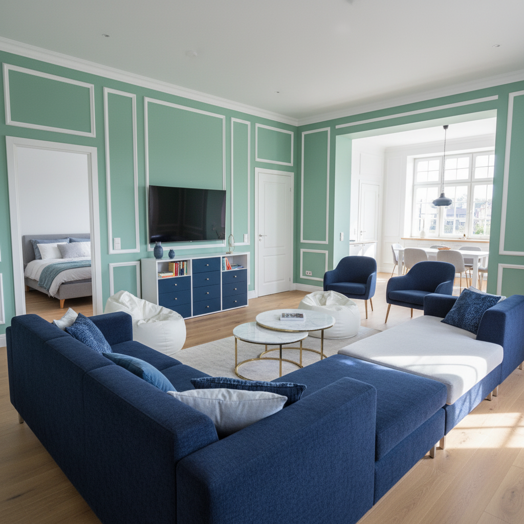 Coastal Modern Living Room With Navy Sectional And Seafoam Walls