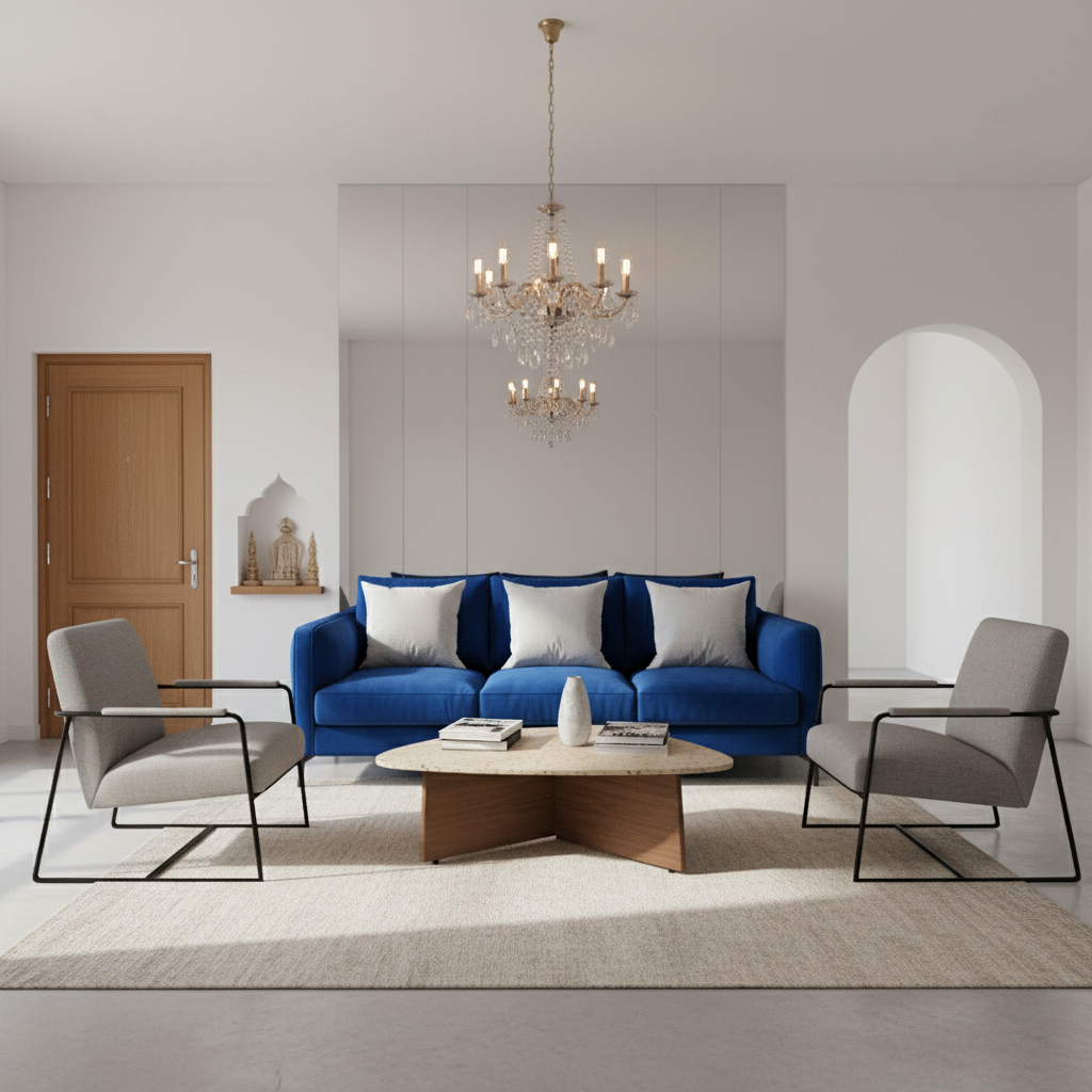 Modern Living Room Interior Design With Bold Blue Sofa