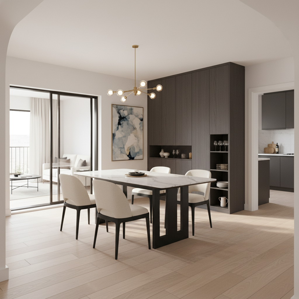 Calm Modern Dining Room Interior Design With Marble Table And Built In Storage