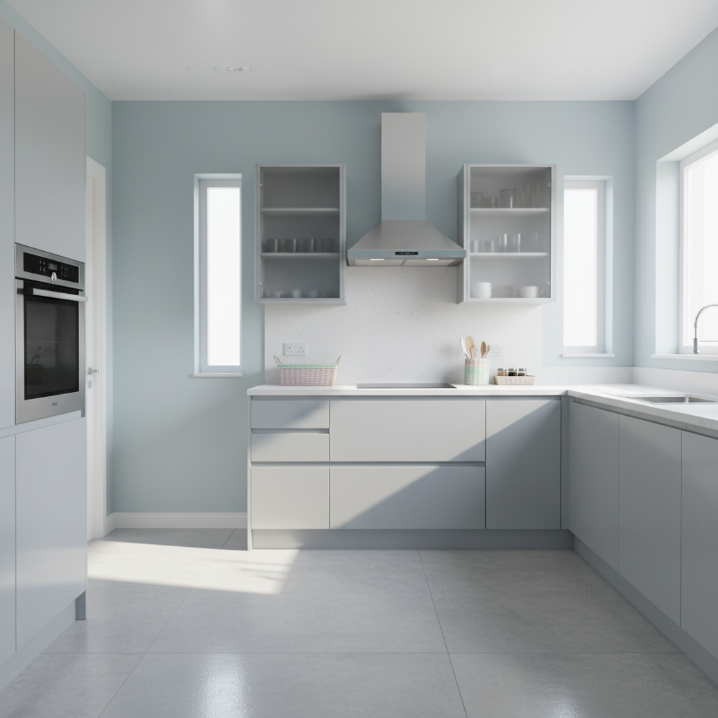 Serene Lshaped Modular Kitchen Interior Design With Light Gray Finish