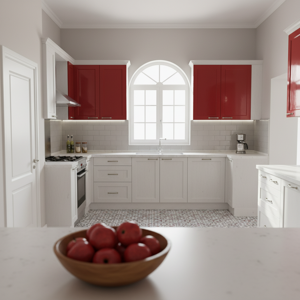 Modular Kitchen Interior Design Red And White Kitchen With Arched Window