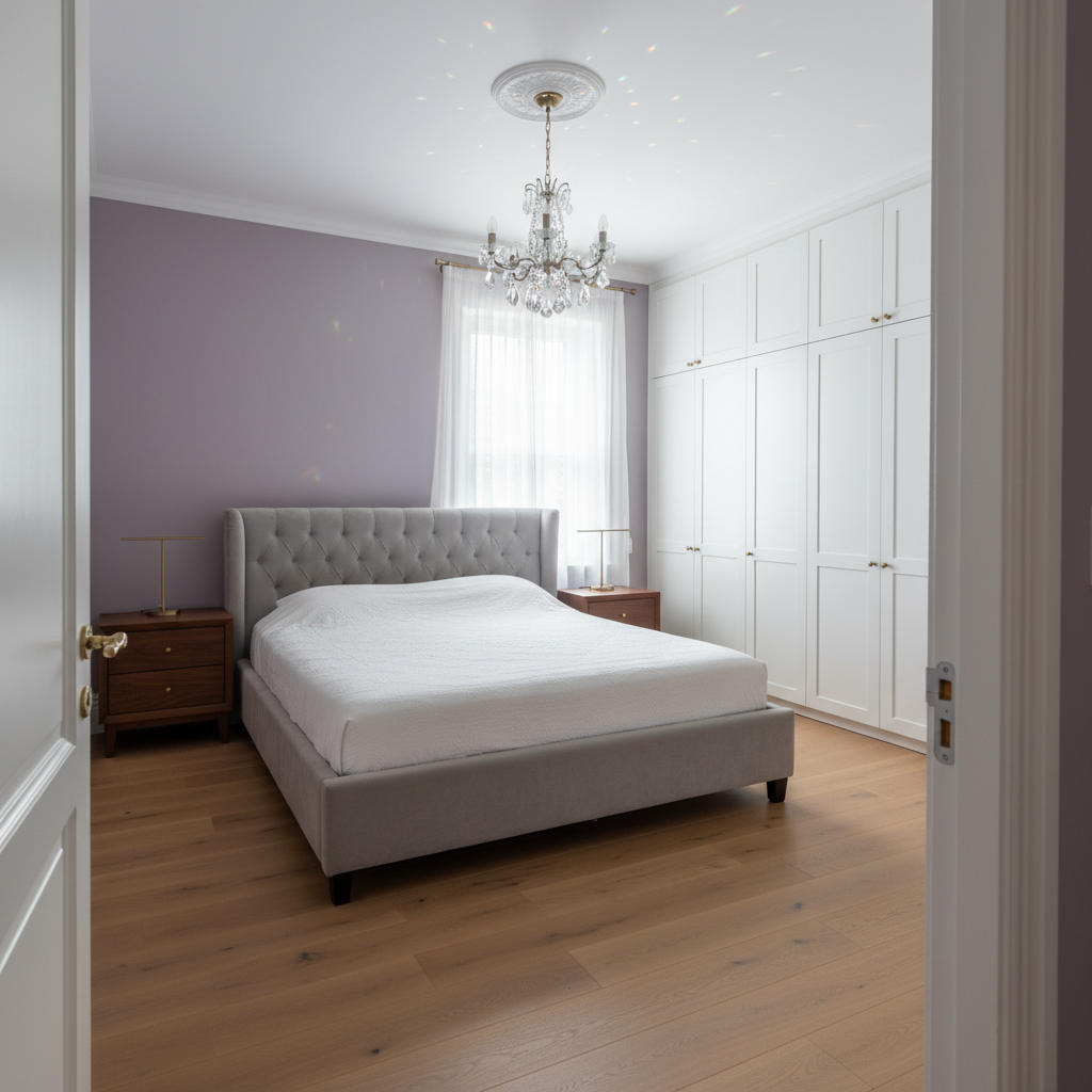 Tranquil Modern Classic Soft Gray Tufted Bedroom Interior Design