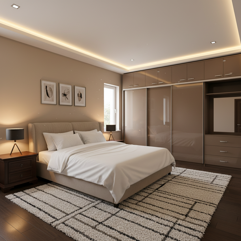 Warm Neutral Bedroom Interior Design With Built In Storage