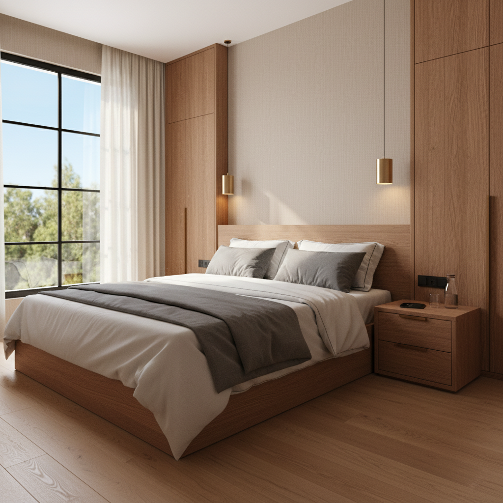 Warm Minimalist Bedroom Interior Design With Wood Accents