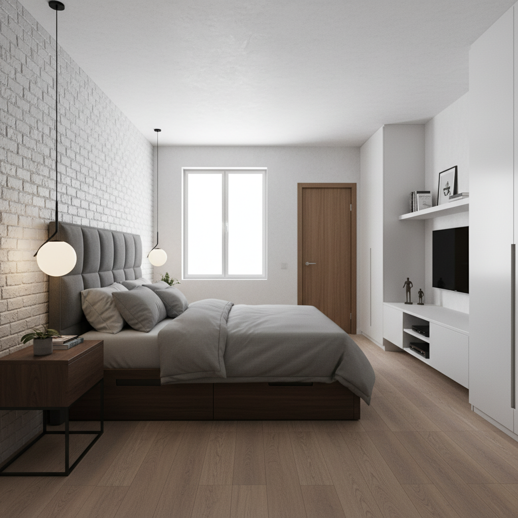 Serene Minimalist Bedroom Interior Design With Warm Wood And Textured Accent Wall