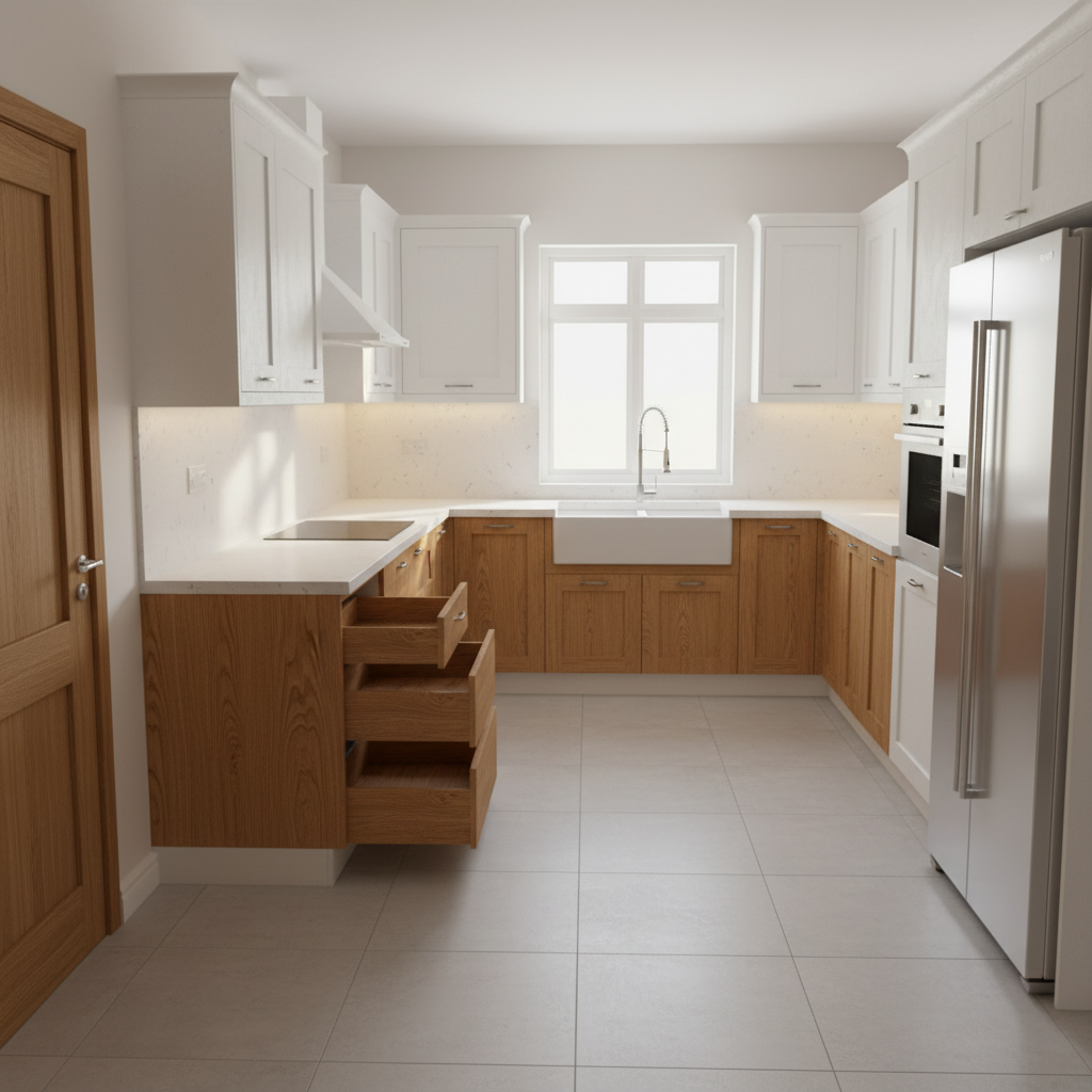 Warm Oak And White Shaker Modular Kitchen Interior Design