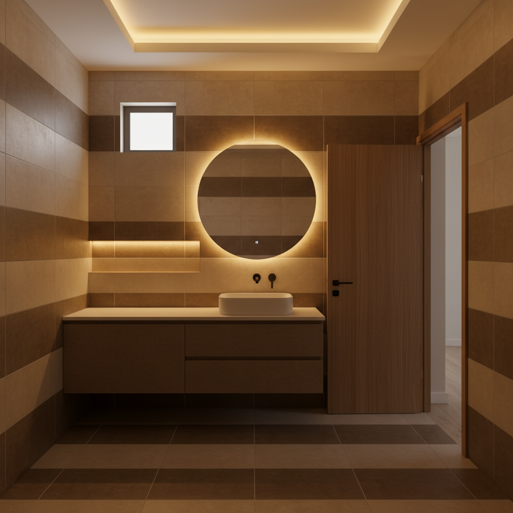Warm Minimalist Bathroom Interior Design With Backlit Mirror