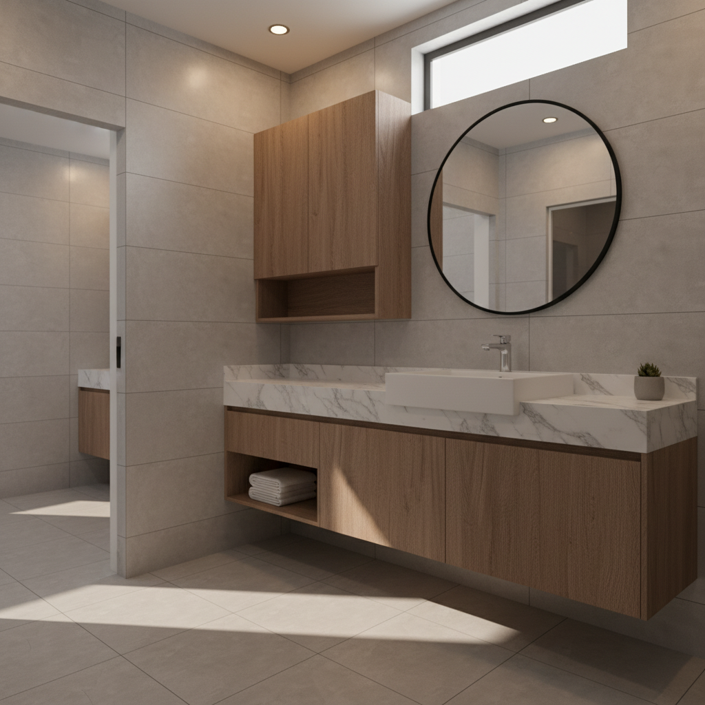 Modern Minimal Bathroom Interior Design With Floating Wood Vanity