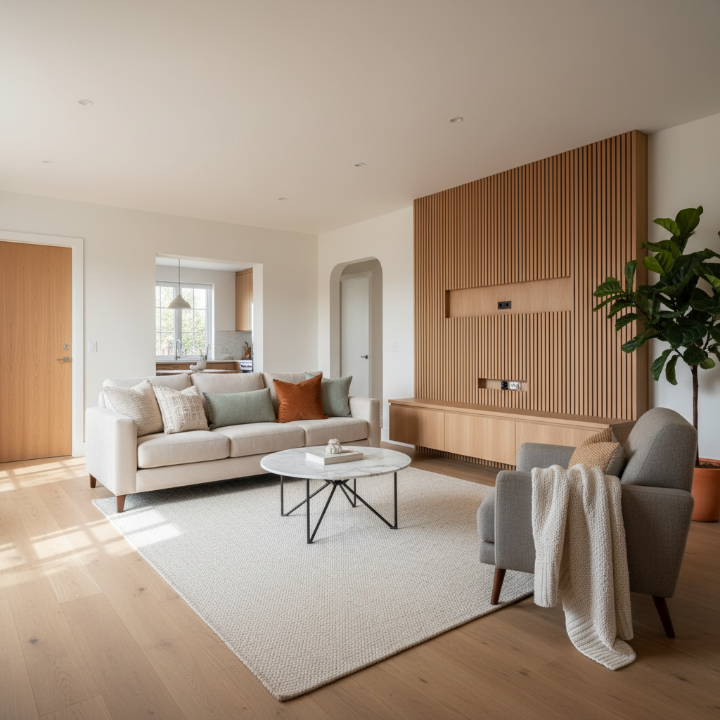 Warm Minimalist Living Room With Slatted Wood Feature