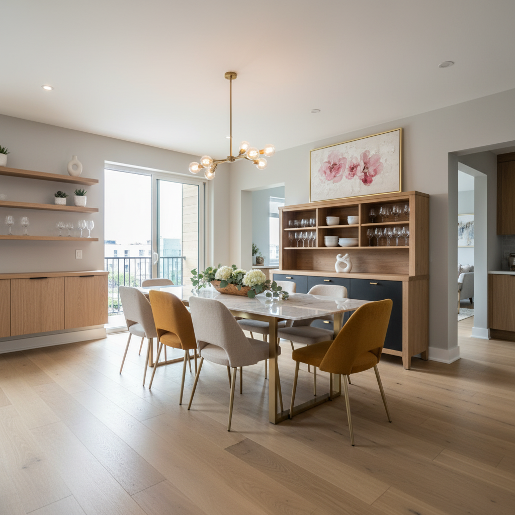 Modern Dining Room Interior Design With Warm Wood And Marble