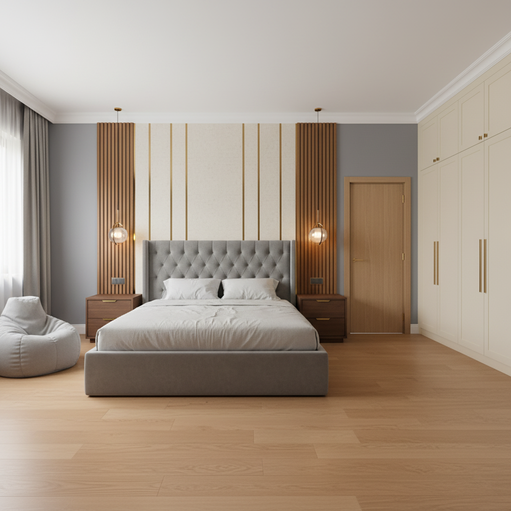 Serene Modern Bedroom With Tufted Headboard And Wood Slat Accent