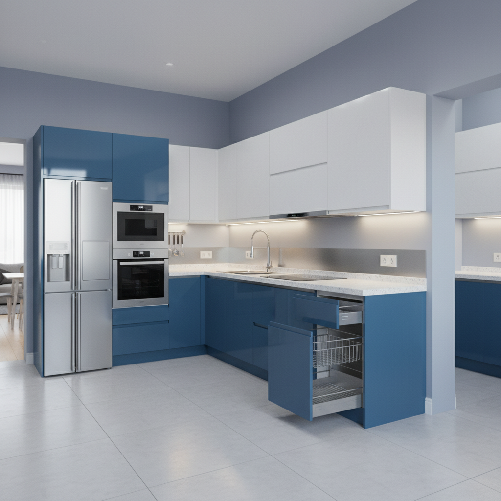 Contemporary Blue White Modular Kitchen Interior Design