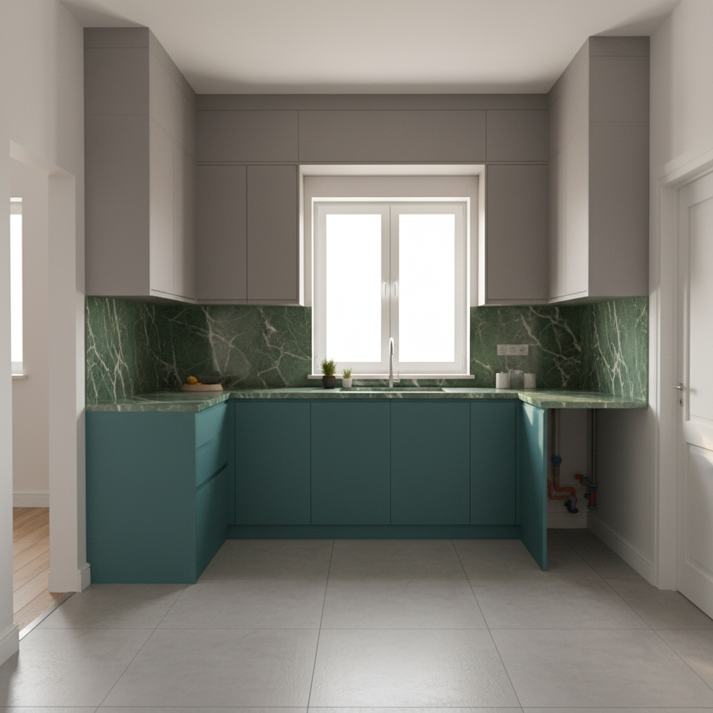 Elegant Teal Green Marble Modular Kitchen Interior Design