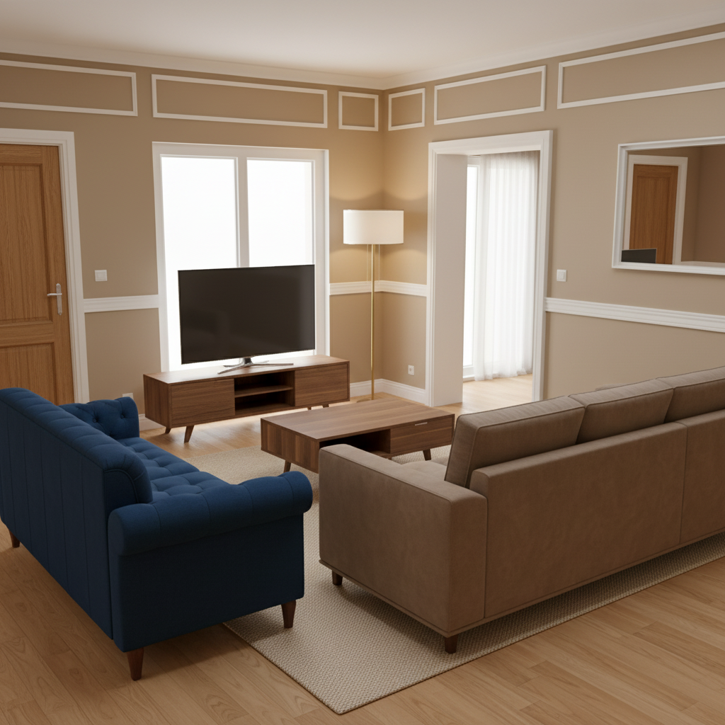 Elegant Neutral Living Room Interior Design With Blue Accent Sofa