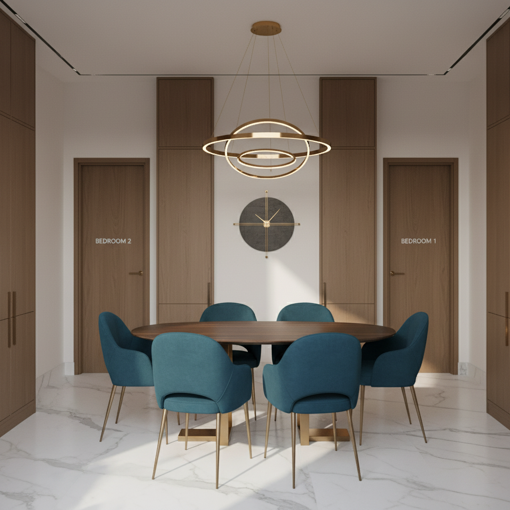Modern Oval Dining Room With Teal Chairs And Gold Chandelier