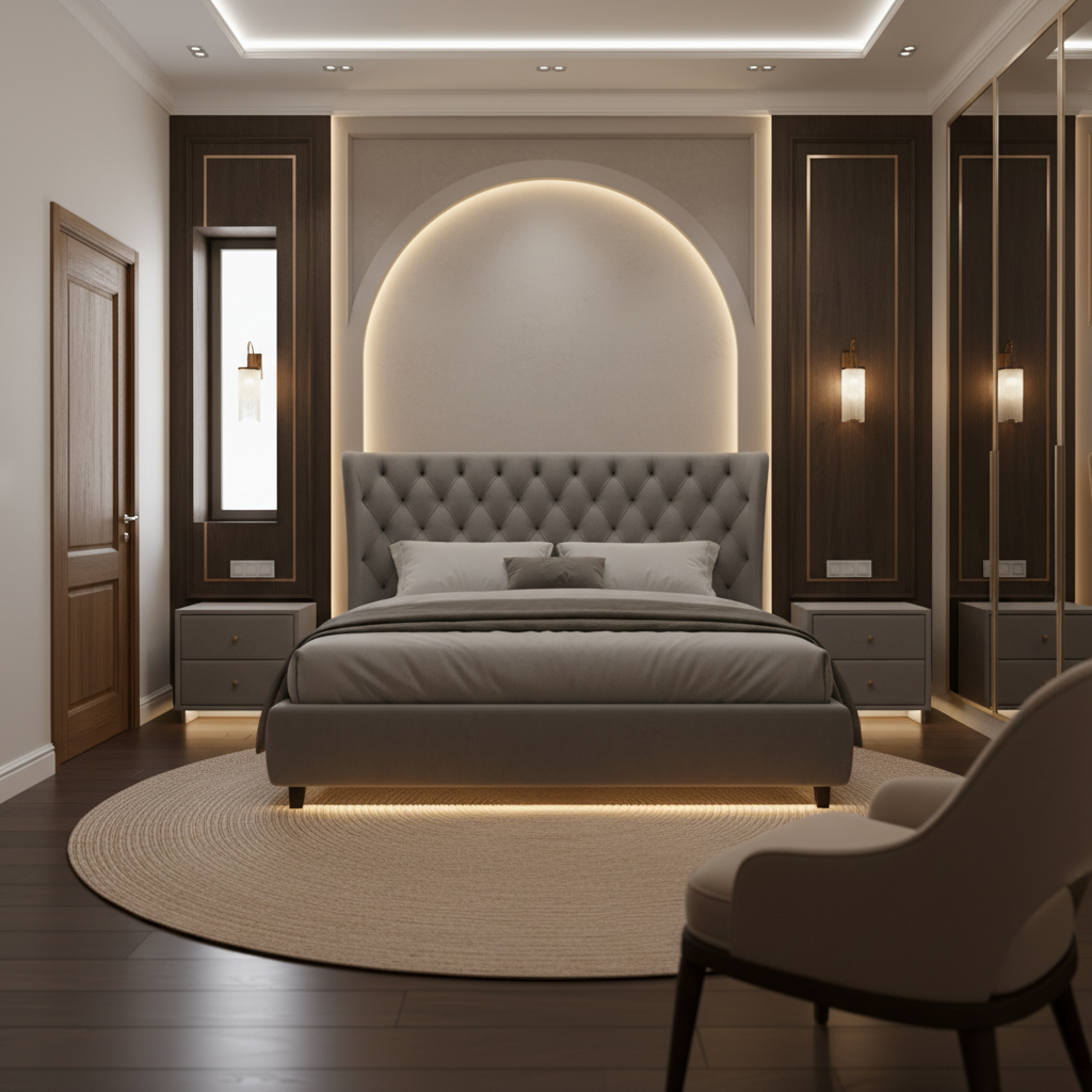 Serene Modern Bedroom Interior With Arched Feature And Layered Lighting