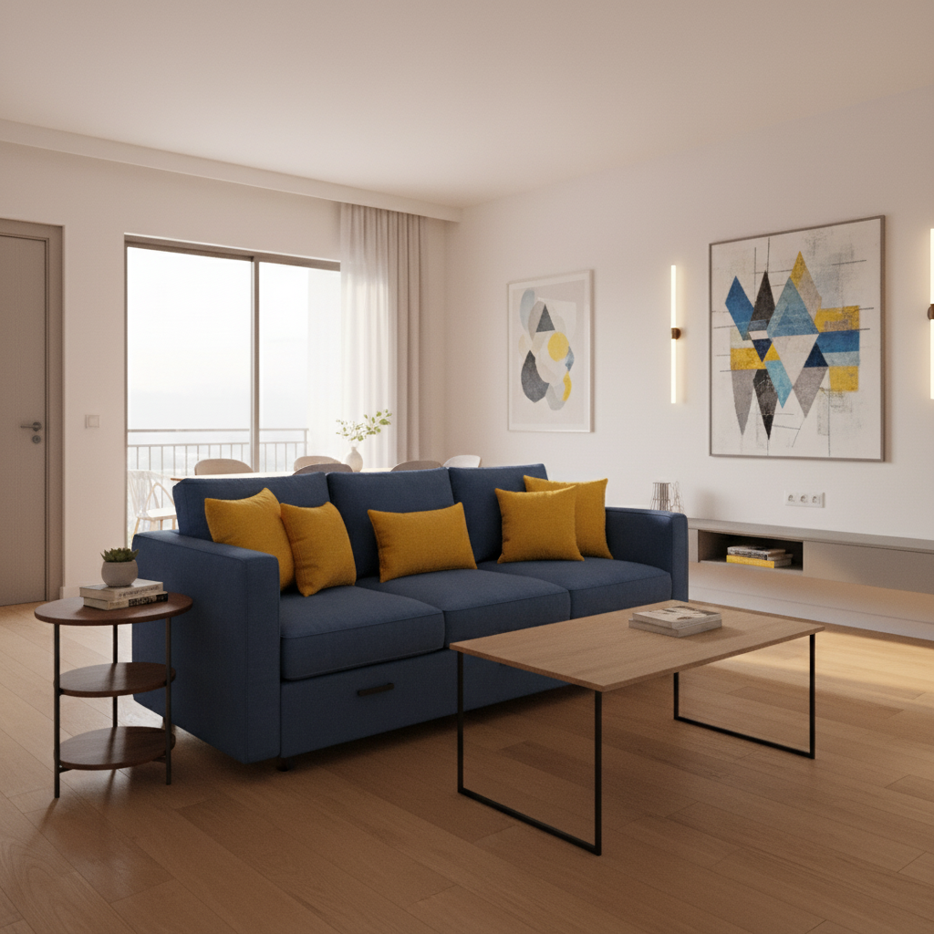 Modern Cozy Living Room With Blue Sofa And Mustard Accents