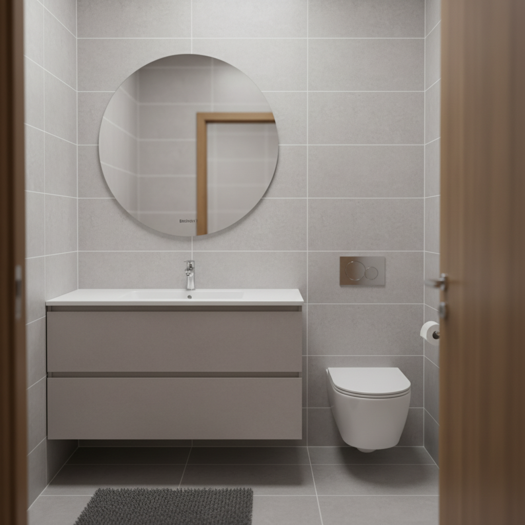 Minimal Gray Bathroom Interior Design With Floating Vanity