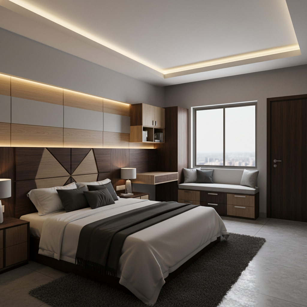 Contemporary Walnut Bedroom Interior With Integrated Storage