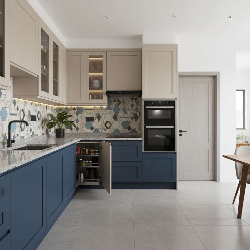 Two Tone Modular Kitchen With Geometric Backsplash