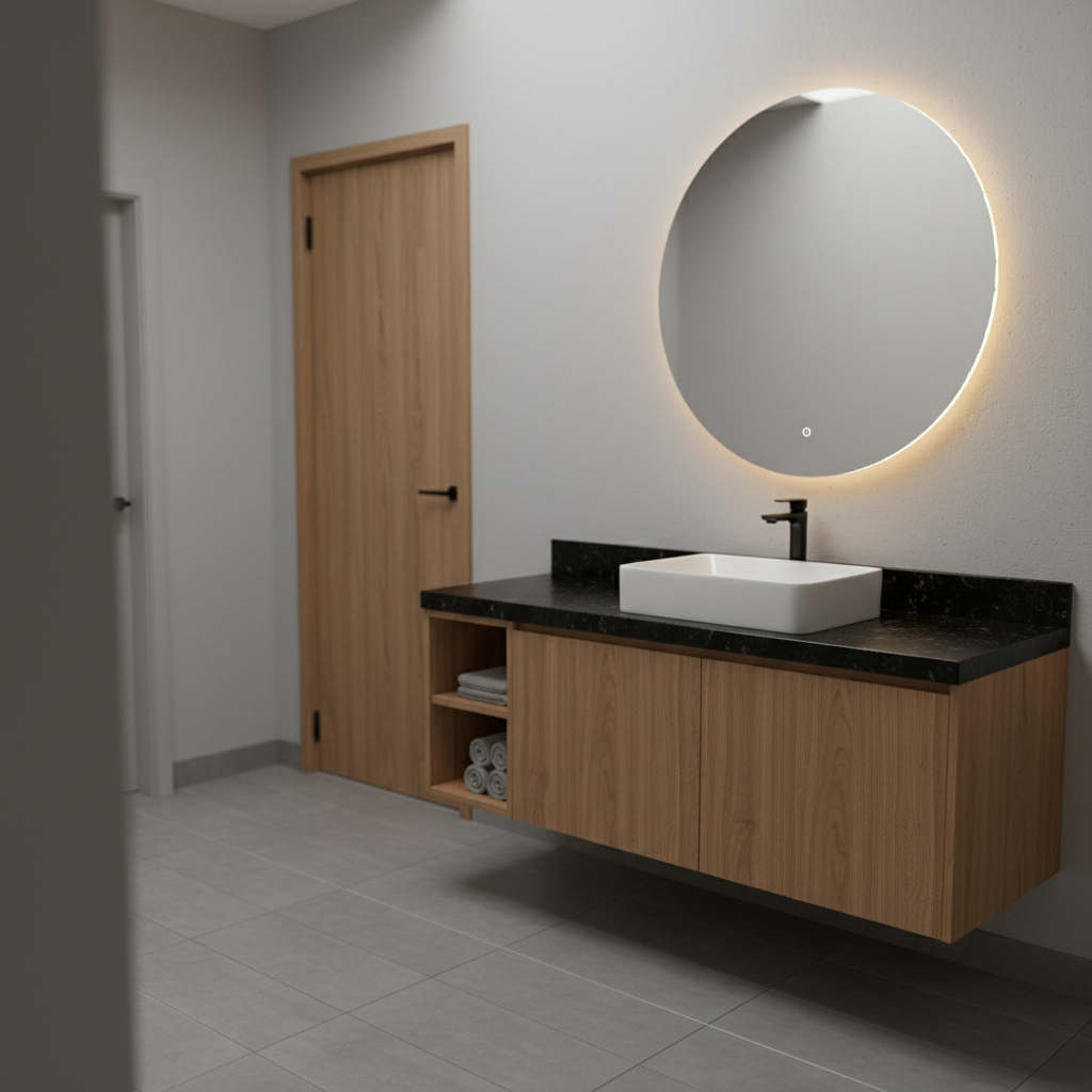 Warm Minimalist Bathroom Interior Design With Floating Vanity