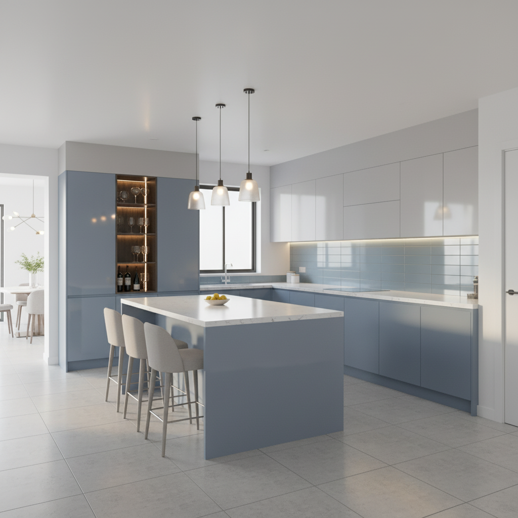 Serene Blue And White Modular Kitchen Interior Design With Island