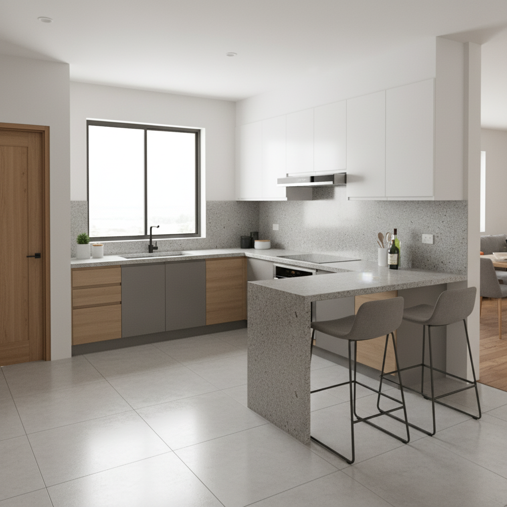 Contemporary Modular Kitchen Interior Design With Waterfall Peninsula