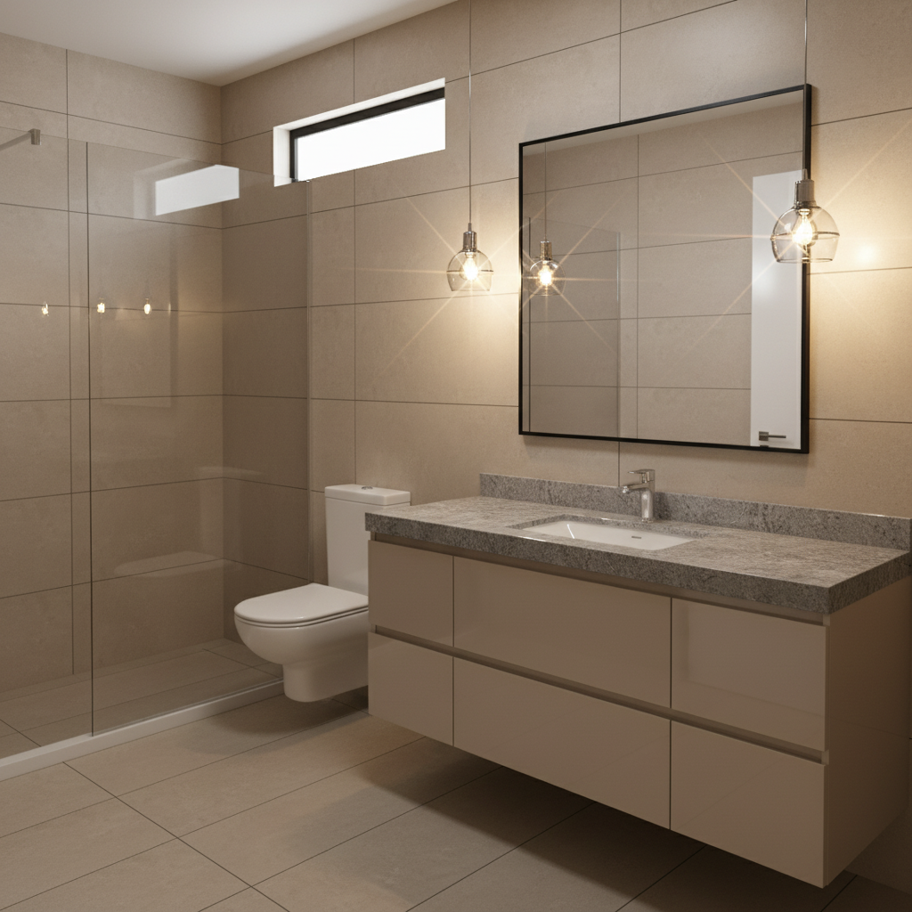 Minimalist Beige Bathroom With Floating Vanity And Walk In Shower
