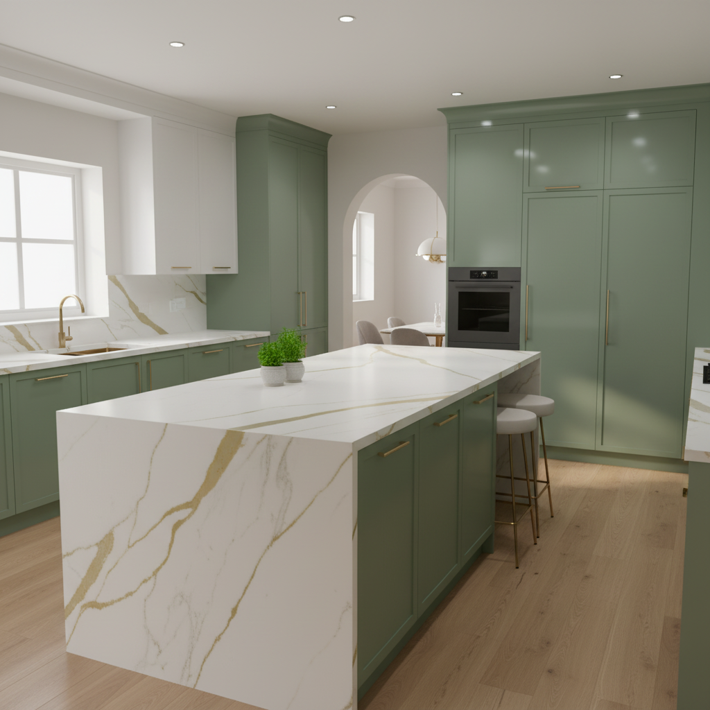 Modular Kitchen Interior Design Sage Green Marble Waterfall Kitchen