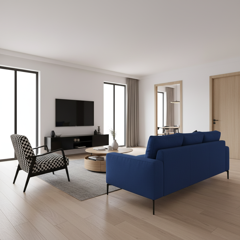 Contemporary Blue Sofa Living Room Interior Design With Bold Accent Chair