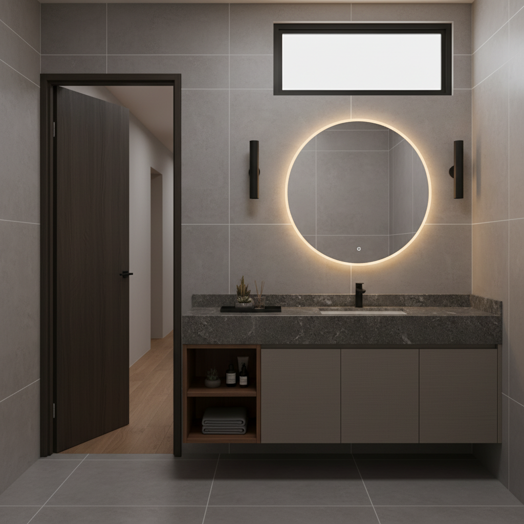 Minimalist Modern Bathroom With Backlit Mirror And Dark Stone Vanity