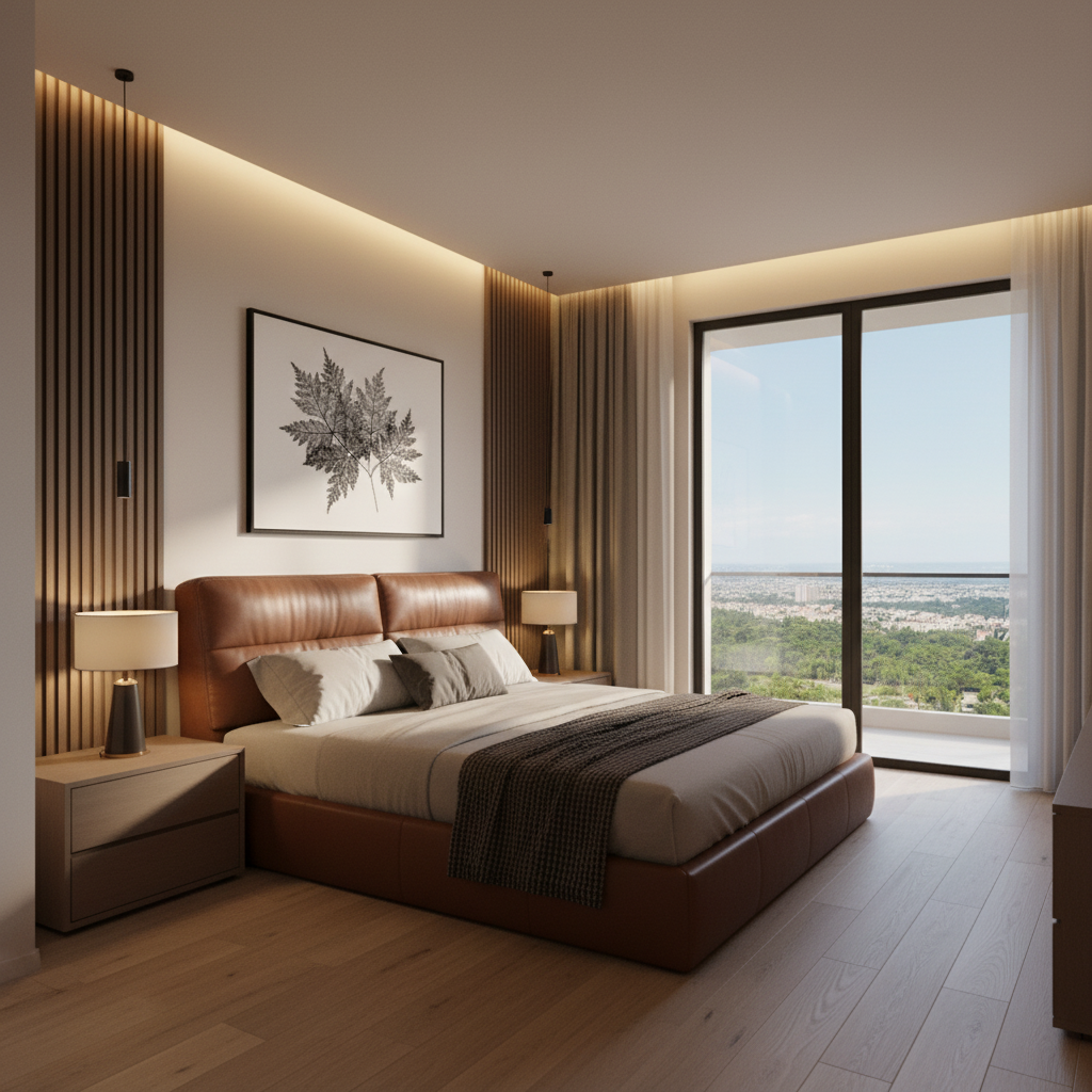 Warm Minimalist Retreat Leather Bed And Wood Slat Bedroom Interior Design