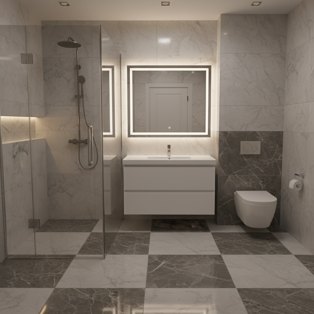 Elegant Marble Style Bathroom Interior Design With Floating Vanity