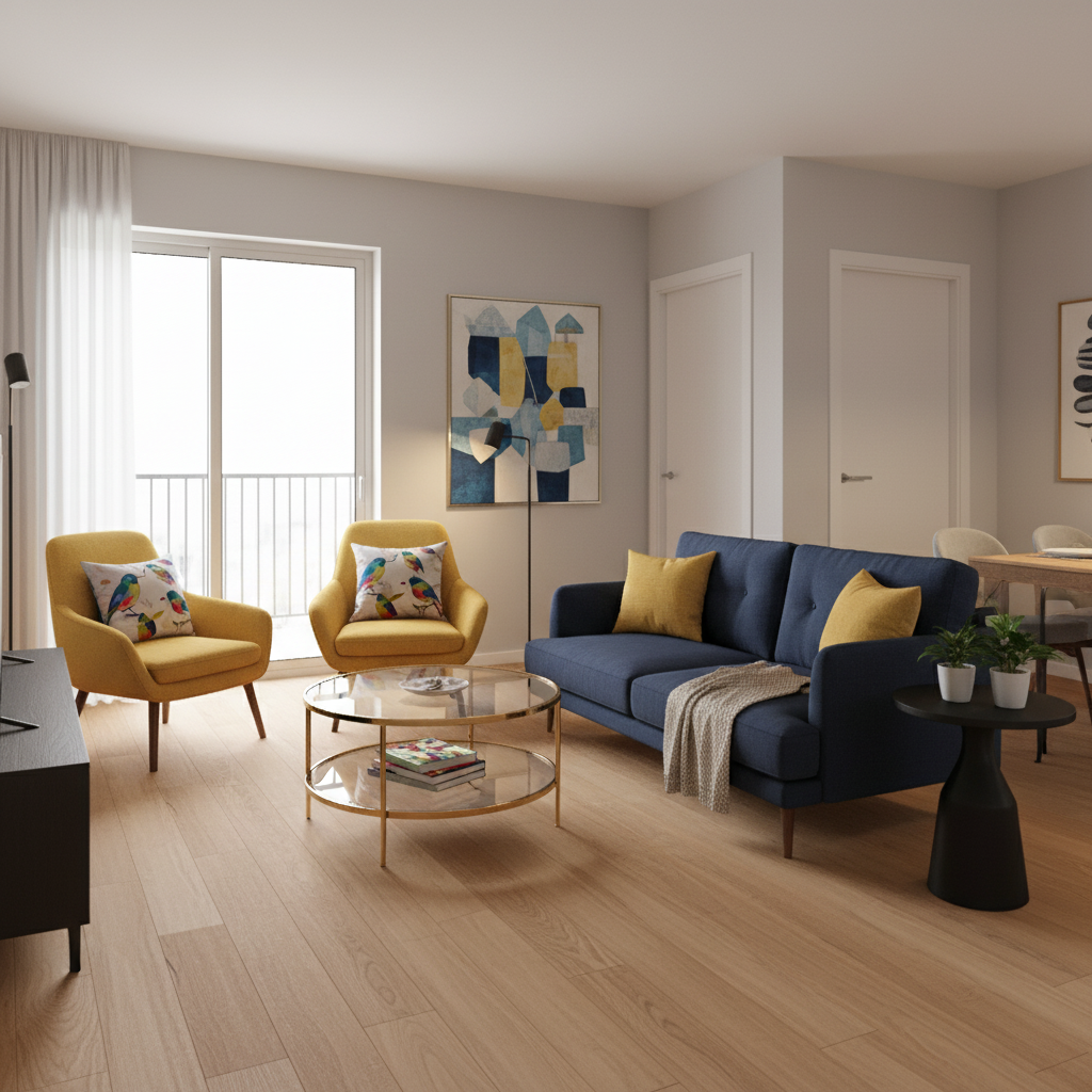 Modern Navy And Mustard Living Room Interior Design