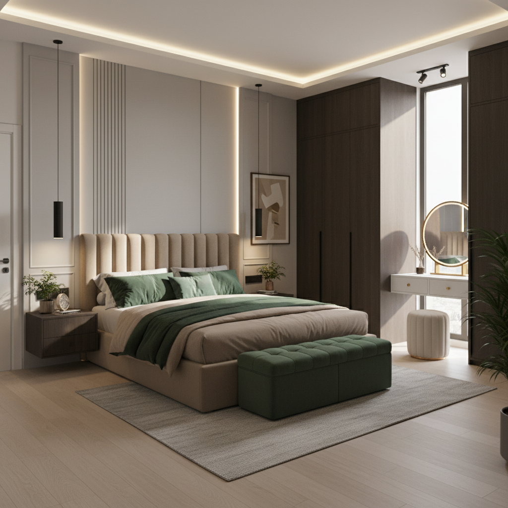 Calm Modern Bedroom Interior Design With Green Accents