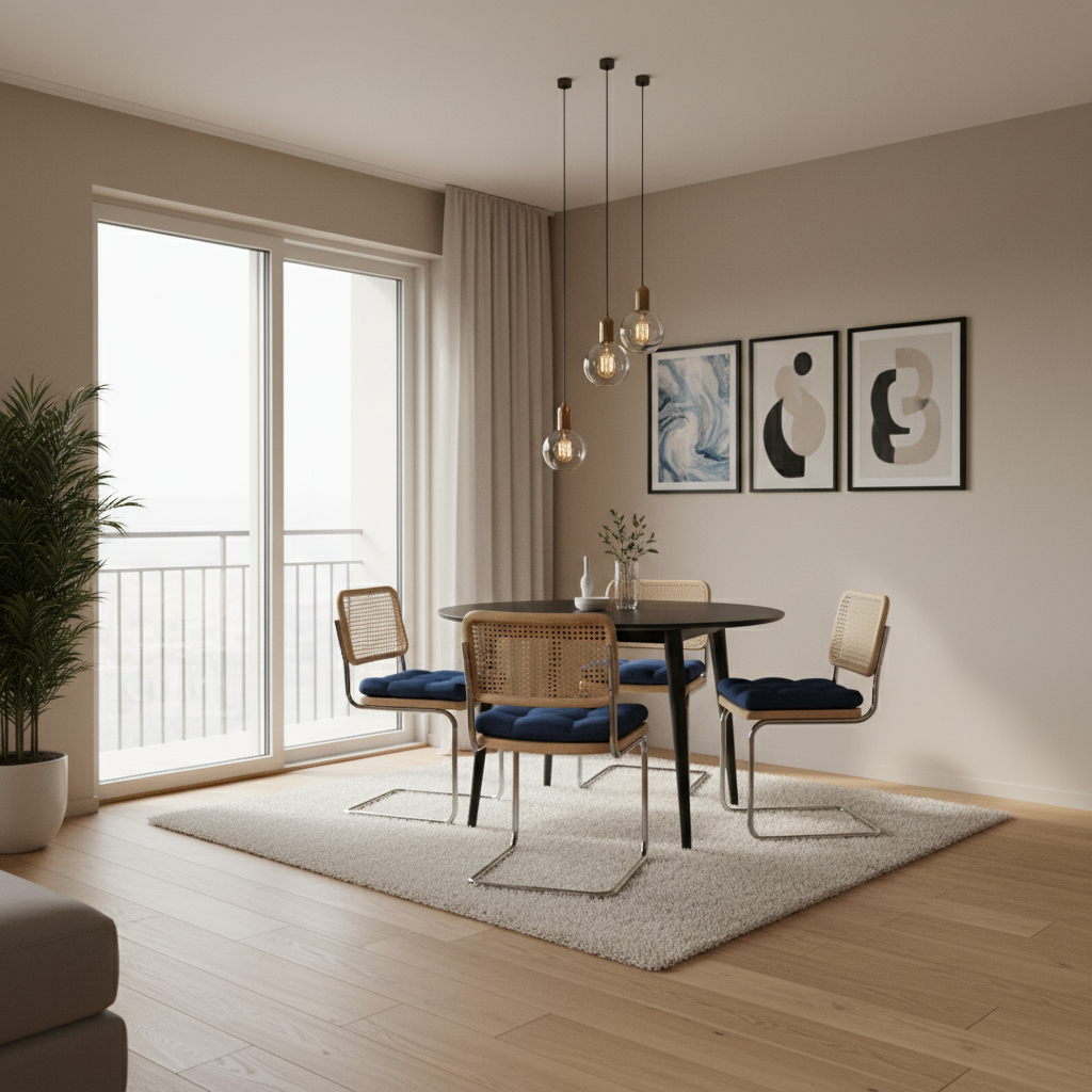 Modern Dining Room Interior Design With Cane Chairs And Round Table
