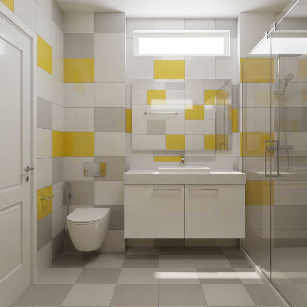Modern Checkerboard Bathroom Interior Design With Yellow Accents