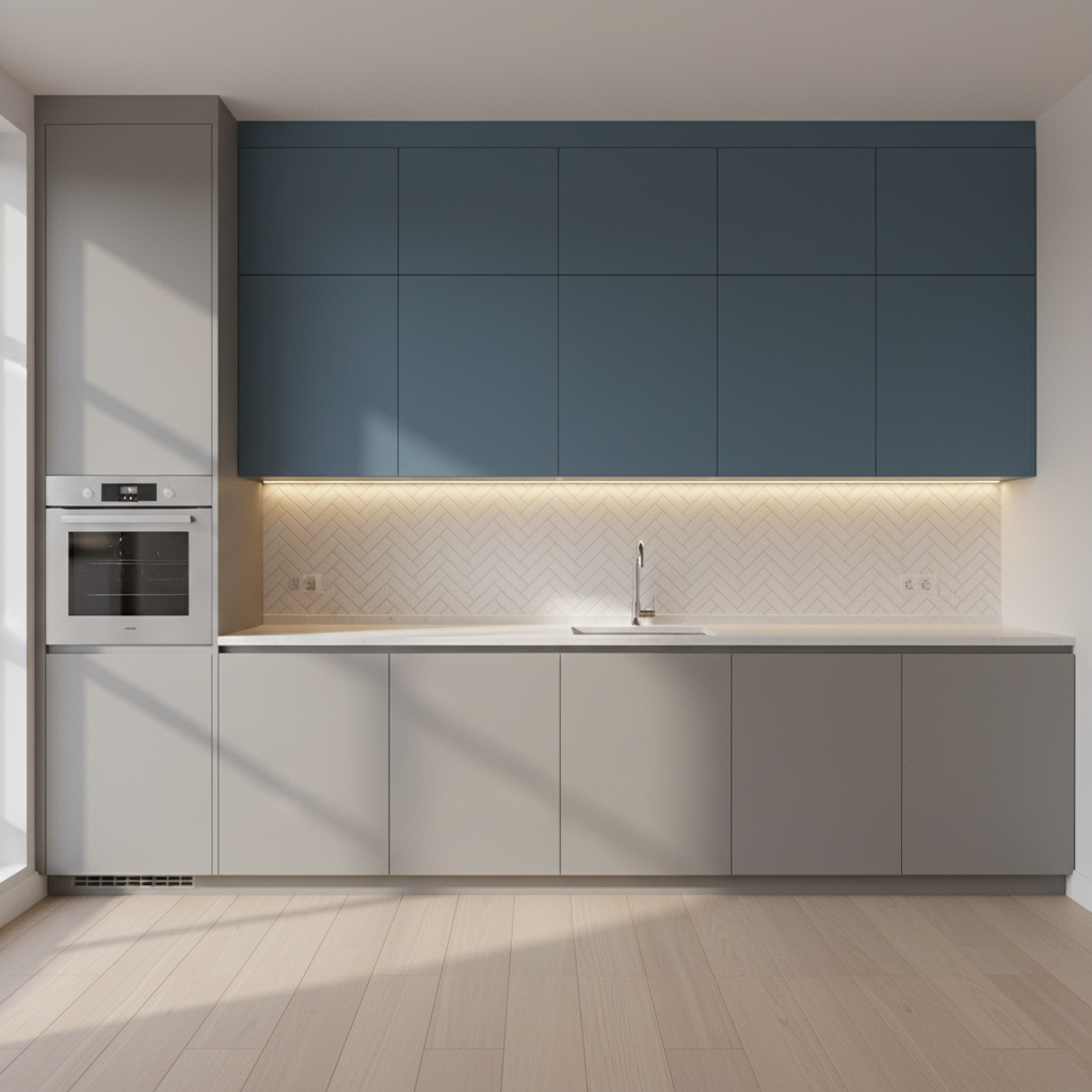 Minimalist Modular Kitchen Interior Design With Blue And Gray Cabinets
