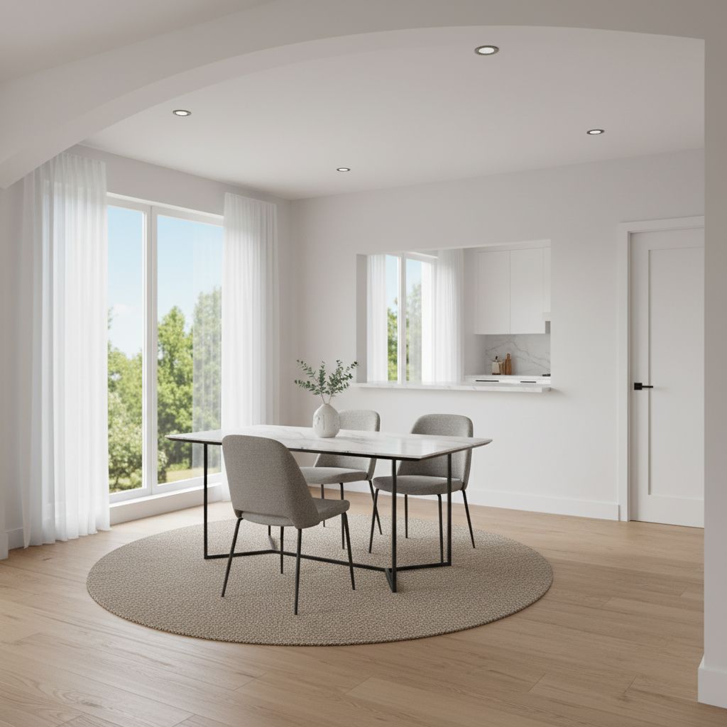 Calm Modern Dining Room Interior Design With Marble Table And Natural Textures
