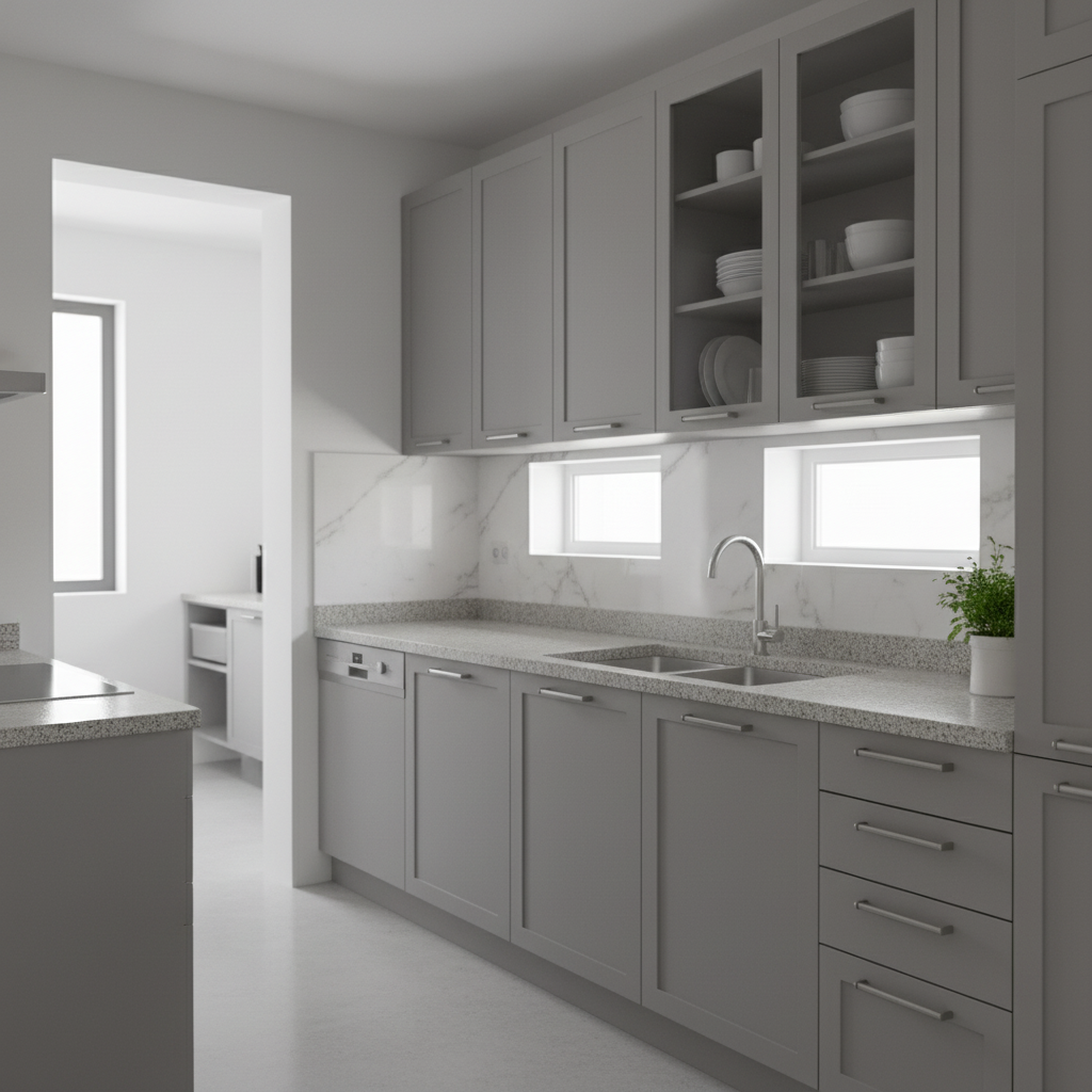 Calm Grey Modular Kitchen Interior Design With Quartz Countertops