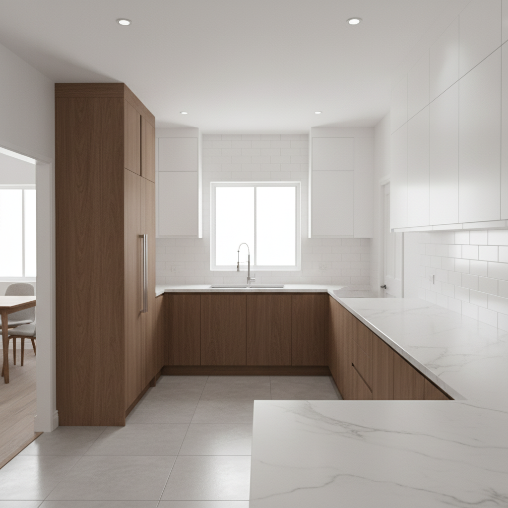 Modern Warm White Modular Kitchen With Wood Accents