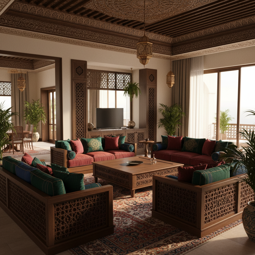 Moorish Inspired Living Room Interior Design With Carved Wood And Jewel Tones